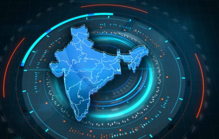 India Map Links with Futuristic HUD Virtual Interface background detail A scientist working with quantum computing equipment as India's quantum leap gathers pace under the National Quantum Mission.