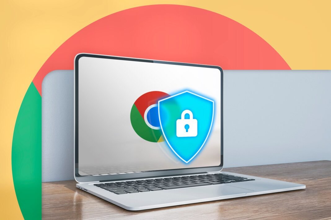Laptop displaying Google Chrome logo with a security shield