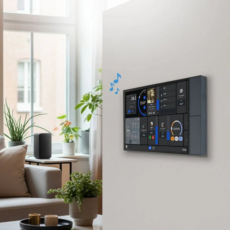 2026-10-16-usa-tech-1 Apple HomeView display on HomePod-style speaker base showing smart home controls