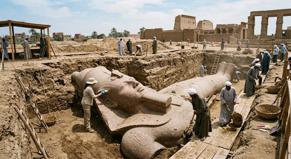 Colossal red-granite head of one of the newly discovered Ramses II statues in Egypt