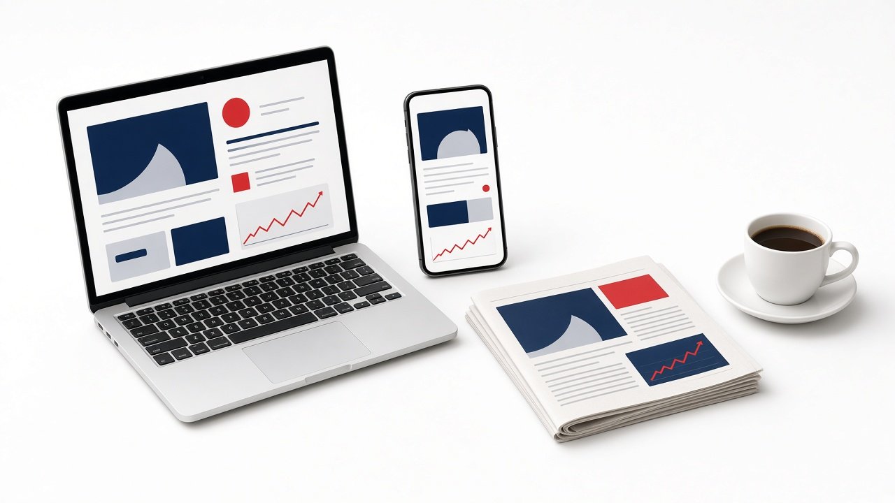About Trends News Stories newsroom with laptop, smartphone, newspaper and trending news charts
