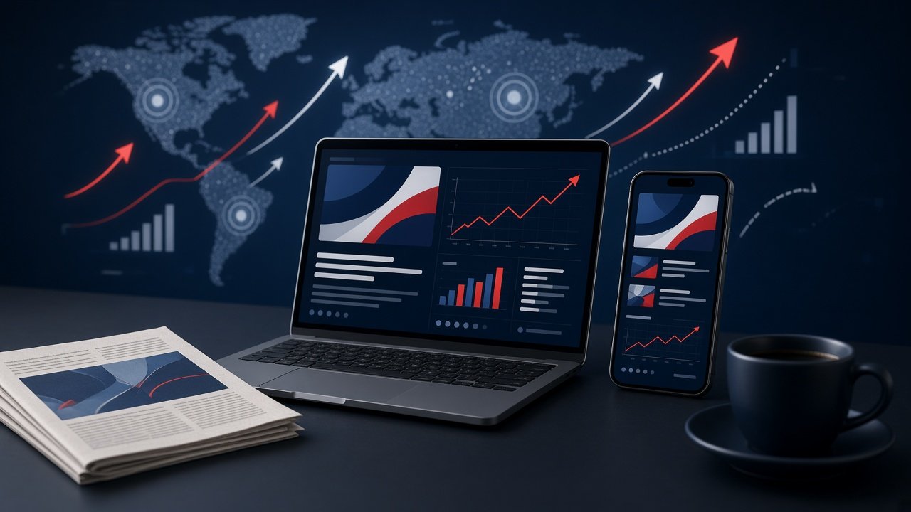 Contact Trends News Stories digital newsroom with laptop, smartphone and trending news charts
