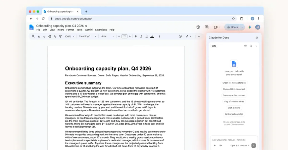 Claude launches Google Docs,