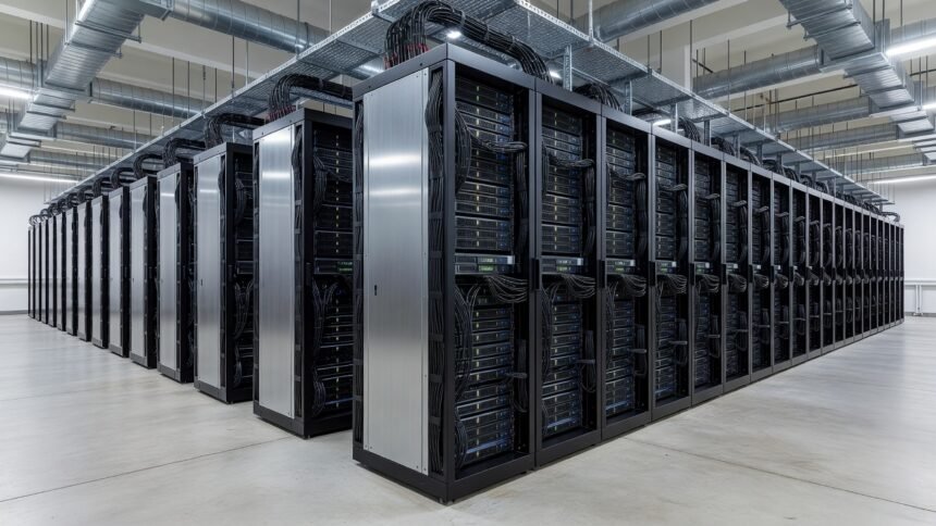 Rows of AI server racks with network cabling inside a modern data center facility.
