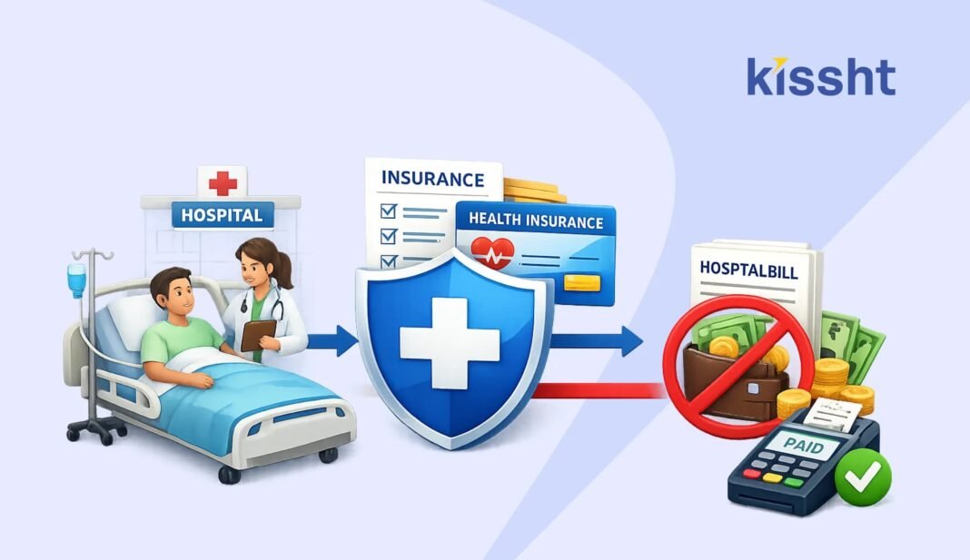 Hospital corridor with patient beds, illustrating cashless hospitalisation and health insurance claim processes in India.