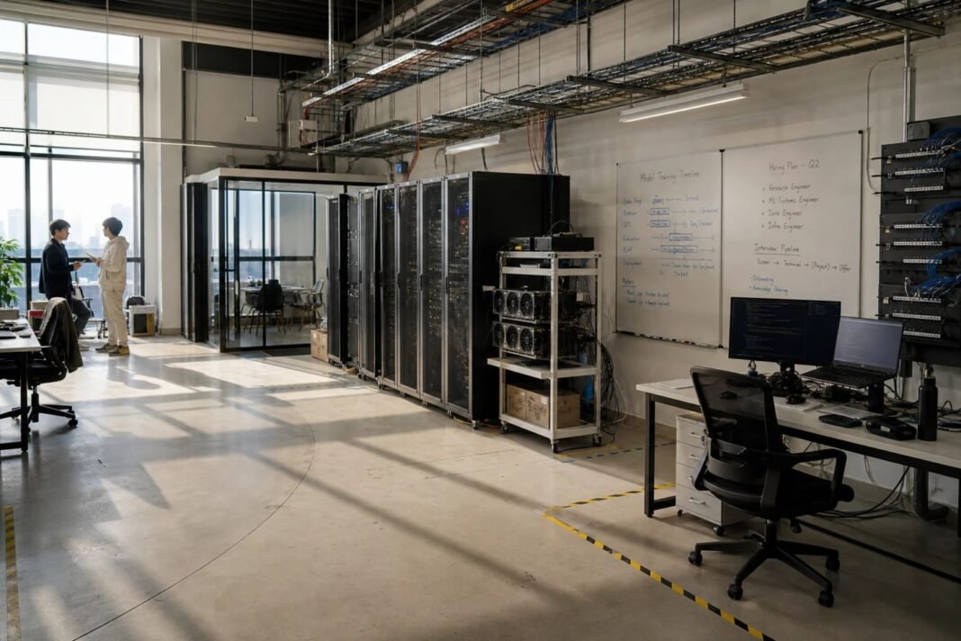 flapping-airplanes-series-a-1b-6b-valuation AI research lab server room with a model training timeline on a whiteboard