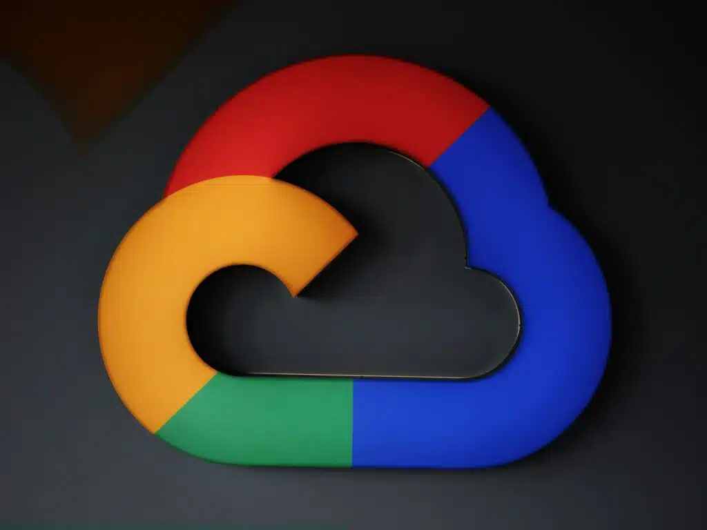 Google Cloud logo in red, yellow, green and blue on a dark background.