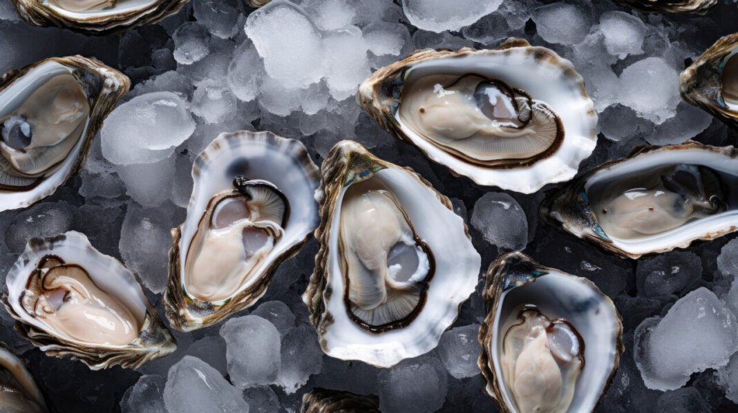 Fresh oysters laying on crushed ice. Seafood background. Top vie salmonella oyster recall