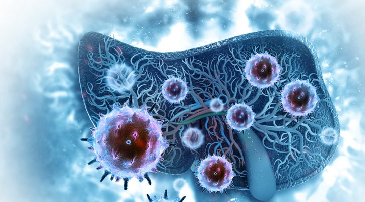 Virus and bacteria infected human liver on scientific background Hibsago