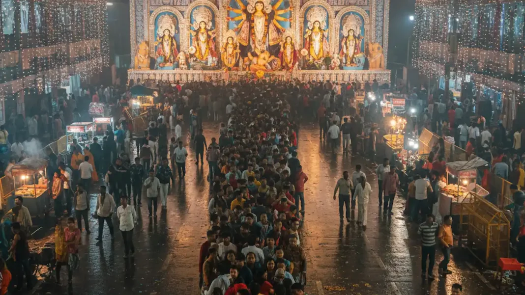 Crowds of devotees gathered at a Durga Puja pandal in Kolkata where a deadly stampede killed 17 people.