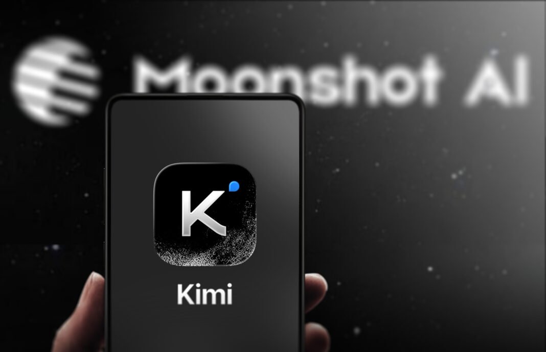 moonshot-ai-singapore-expansion-kimi Hand holding a smartphone displaying the Kimi AI app icon, with the Moonshot AI logo blurred in the background.