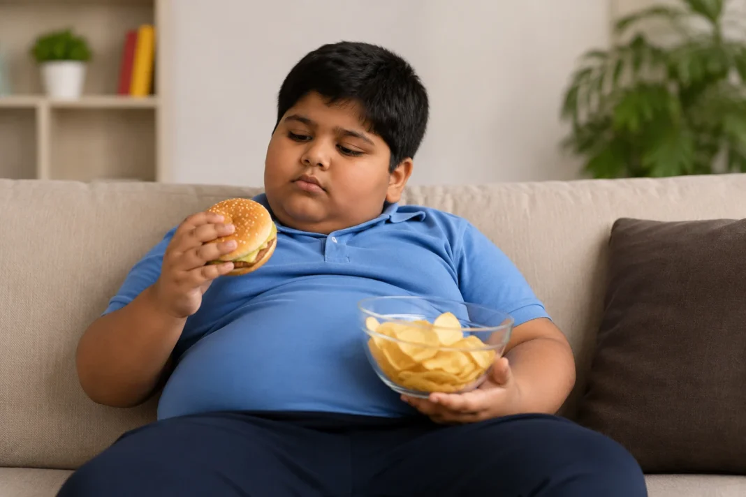obesity-india-lancet-threat Indian boy snacking on a couch, illustrating India's rising childhood obesity flagged by the new Lancet commission on health threats.