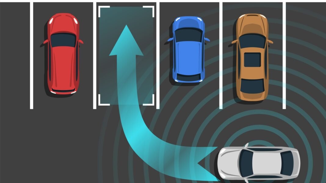 omoda-jaecoo-self-parking-ai-lab Top-down illustration of an autonomous self-parking system guiding a car into a parking bay between other vehicles.