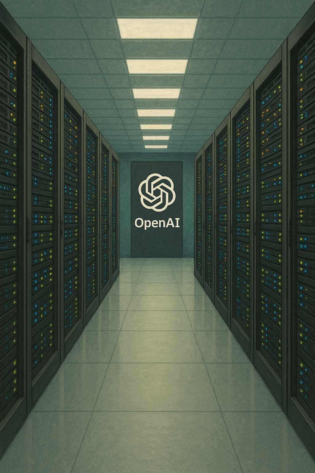 openai-30-billion-funding-1-4-trillion-valuation OpenAI logo on a server room wall between rows of AI data center server racks with glowing status lights.