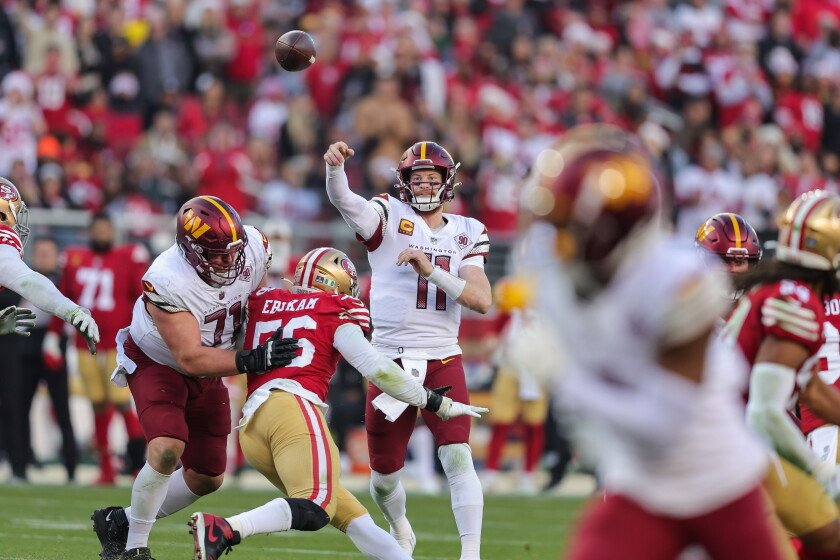 NFL Week 6: 49ers quarterback passing under pressure against the Commanders