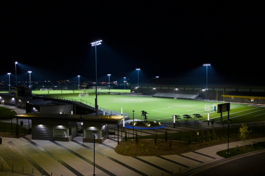 Night view of the Stryker Sports Complex sports facility in Wichita, Kansas.