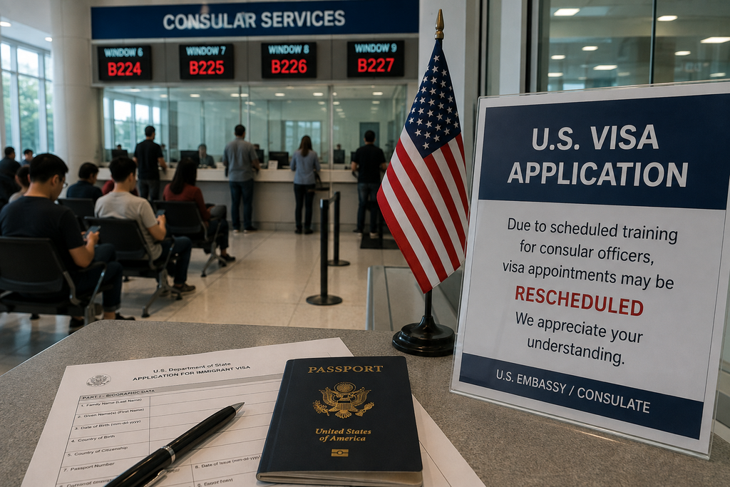 A US visa application centre, after an Indian family's US visa denial following questions about their China travel history.