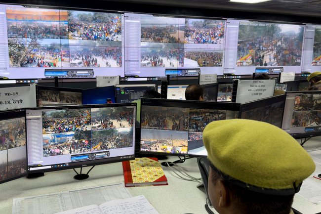 Crowd monitoring technology illustrated by CCTV cameras watching a crowd, pitched as a way to prevent stampedes.