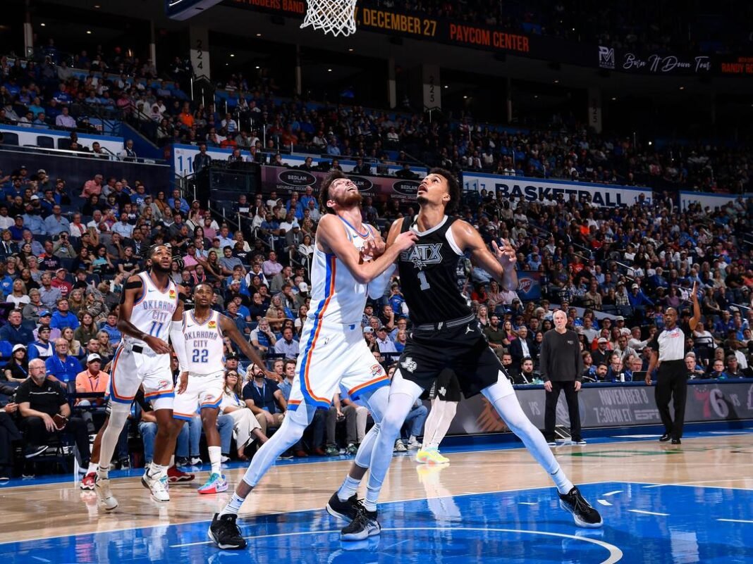 thunder-spurs-nba-season-opener Oklahoma City Thunder in NBA action against the San Antonio Spurs, Thunder won 116-104 in the season opener