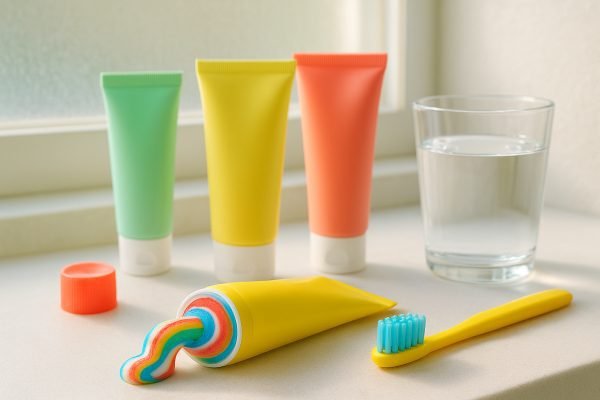 Toothpaste tubes on a store shelf, including children's flavored varieties, during a nationwide recall