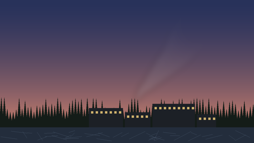 Illustration of low laboratory buildings and a pine treeline at dusk with a faint wisp of smoke, representing the Savannah River Site lab fire