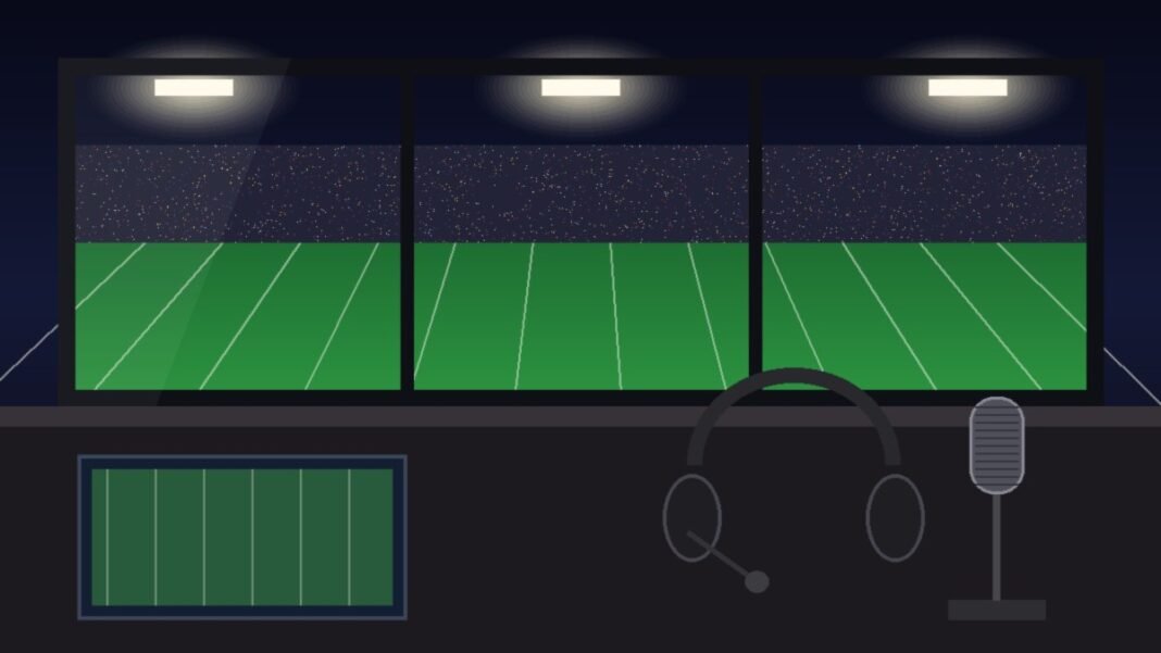 Illustration of a broadcast booth at night with a microphone and headset on a desk overlooking a lit football stadium