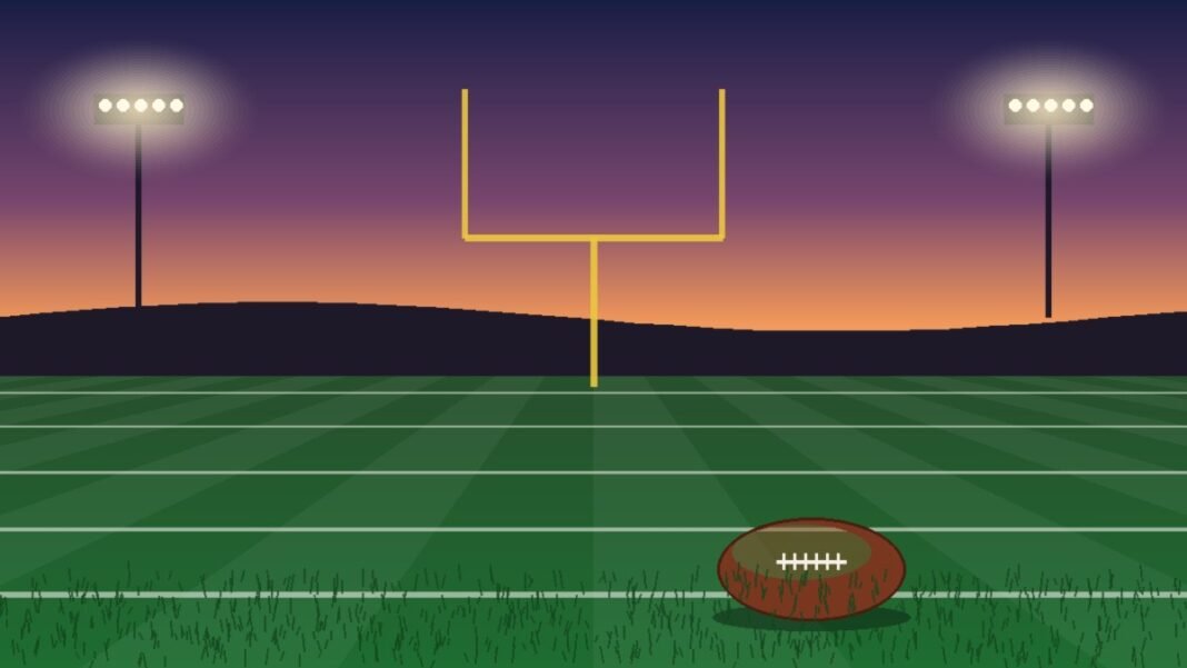 Illustration of an empty football field at dusk with a yellow goalpost, stadium lights and a football resting on the grass