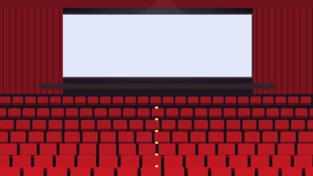 what-happened-to-amc-kips-bay Illustration of an empty movie theater auditorium with rows of red seats, red side curtains and a blank glowing screen