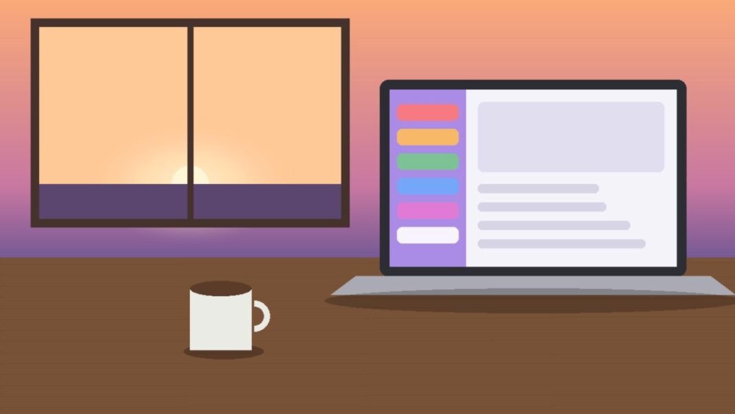 what-happened-to-arc-browser Illustration of a laptop on a wooden desk at sunset showing a blank browser window with a colorful vertical sidebar of tabs, beside a coffee mug