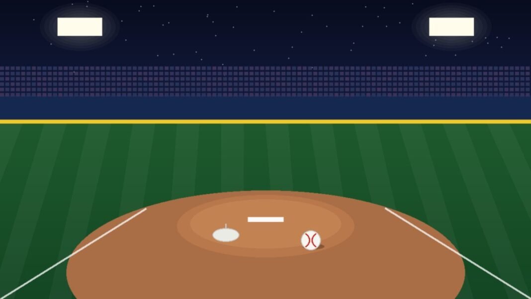what-happened-to-brandon-woodruff Illustration of a baseball pitcher's mound at night under stadium lights, with a baseball and rosin bag on the dirt and an empty outfield and stands behind