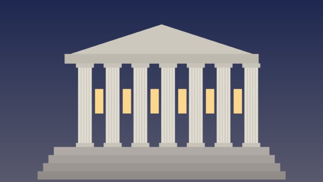 Illustration of a neoclassical courthouse with white columns and lit windows against a dusk sky