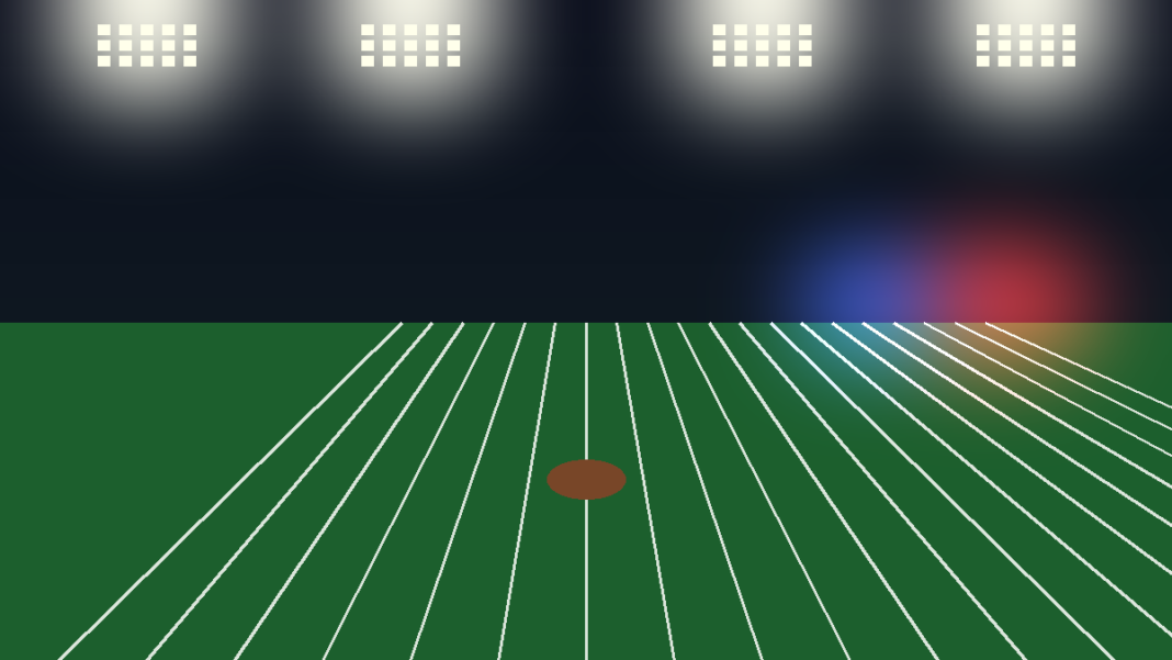 what-happened-to-christian-watson Illustration of an empty night football field under bright stadium lights, with a blurred red and blue emergency-light glow near the sideline