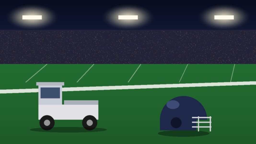 Illustration of a football field sideline at night under stadium lights with a white utility cart and a navy football helmet on the grass