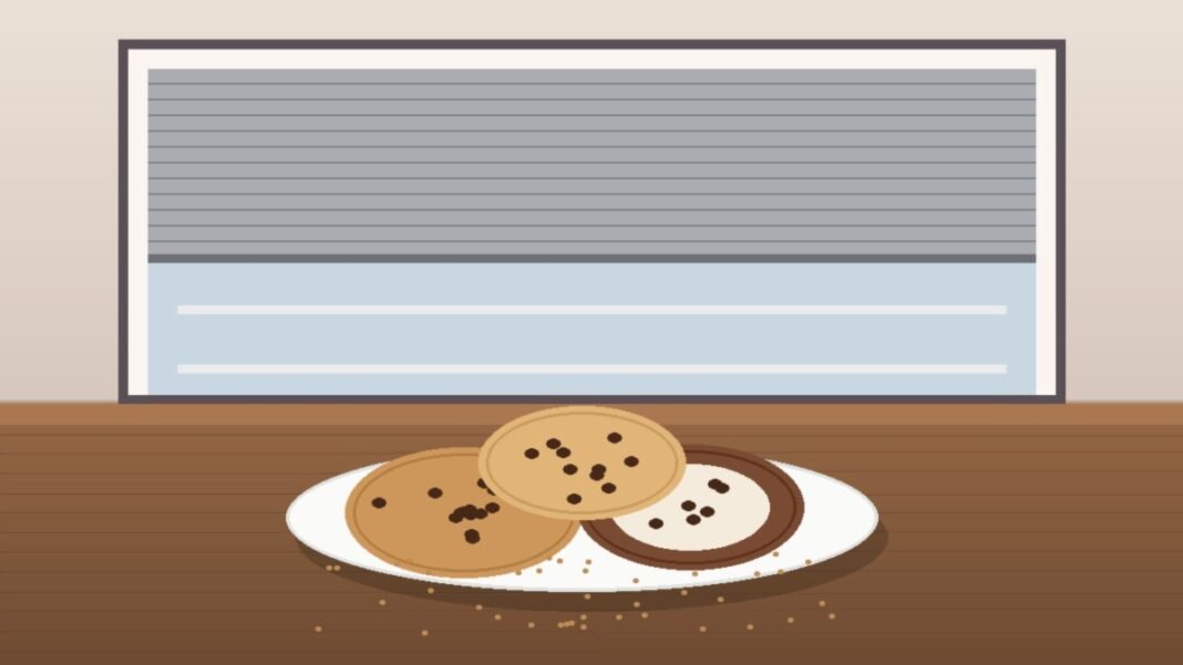 Illustration of three large cookies on a white plate on a wooden counter in front of a bakery window with a half-lowered metal shutter