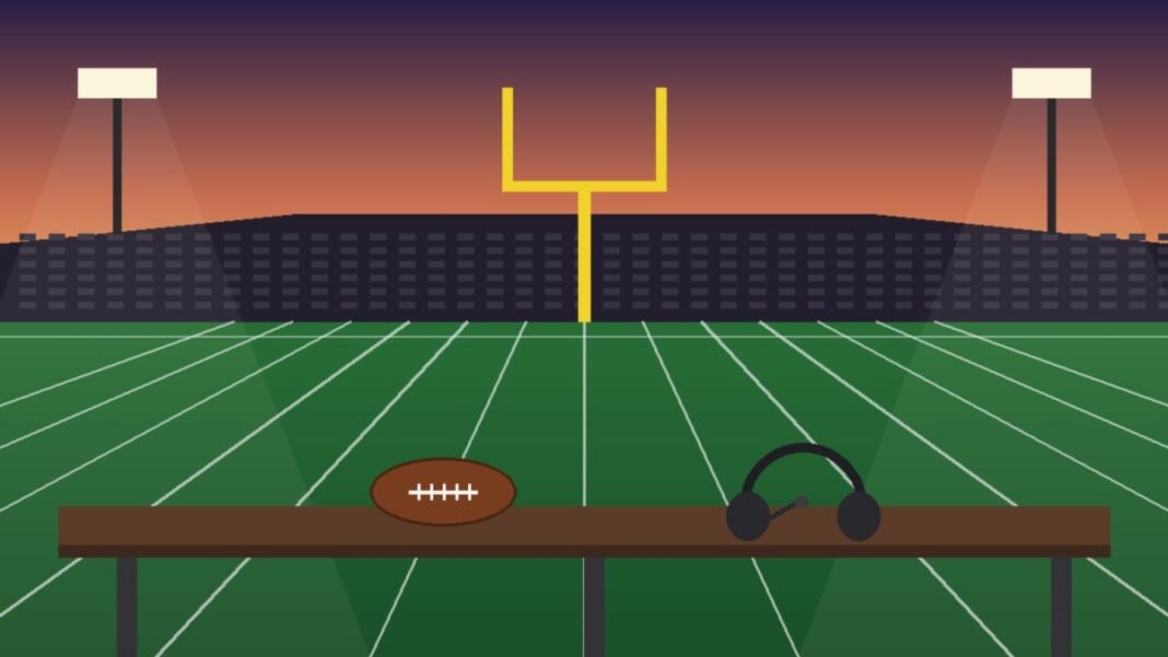 what-happened-to-dave-aranda Illustration of an empty football stadium at dusk with a yellow goalpost and light towers, and a football and coach's headset resting on a sideline bench
