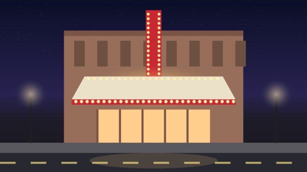 Illustration of a vintage theater facade at night with a blank bulb-lit marquee, a red vertical sign and warmly lit entrance doors