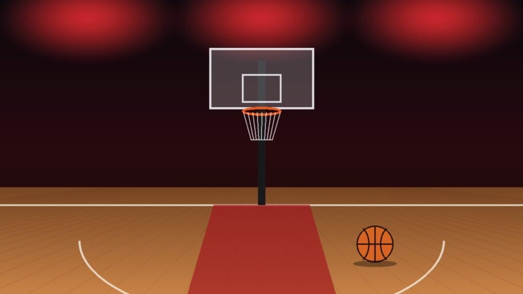 what-happened-to-ja-morant Illustration of an empty basketball court under red arena lights with a hoop and a basketball resting on the hardwood floor