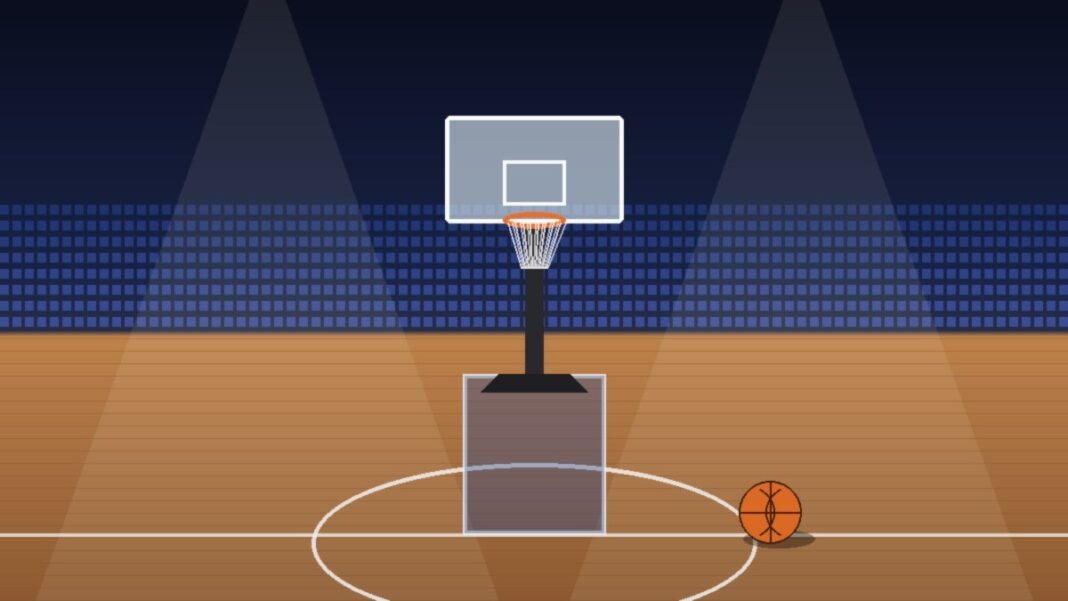 what-happened-to-jalen-williams Illustration of an empty basketball arena with a hoop and glass backboard under spotlights, a hardwood court and a basketball resting near the center circle