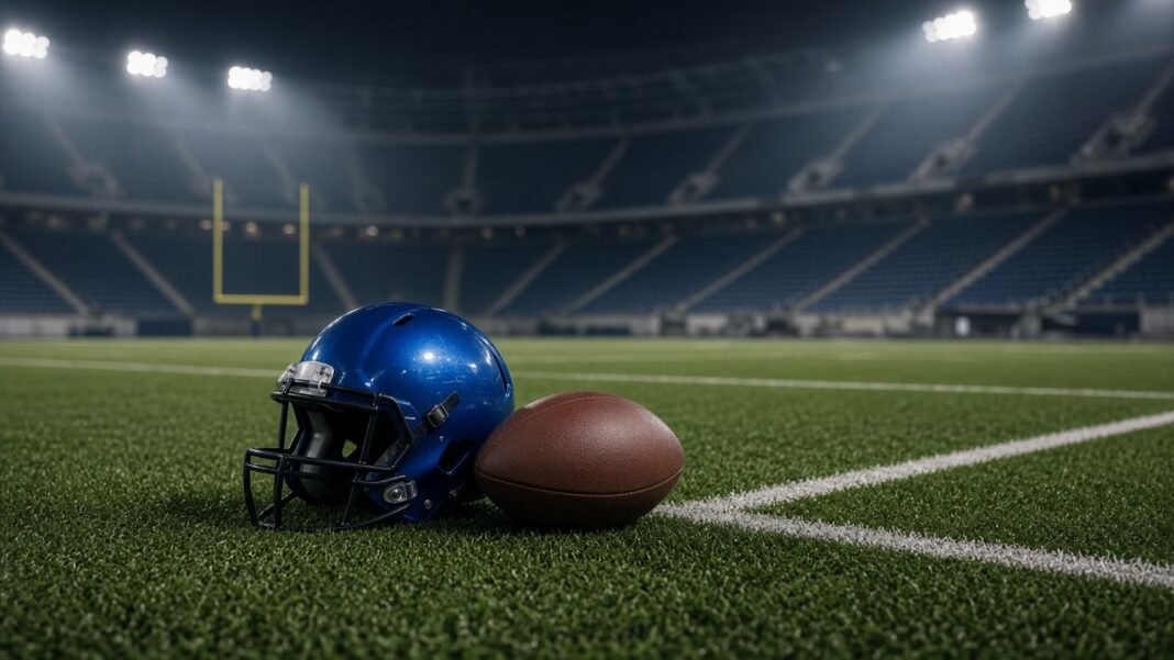 what-happened-to-jaxson-dart Football helmet and ball on an empty field, Jaxson Dart knee injury