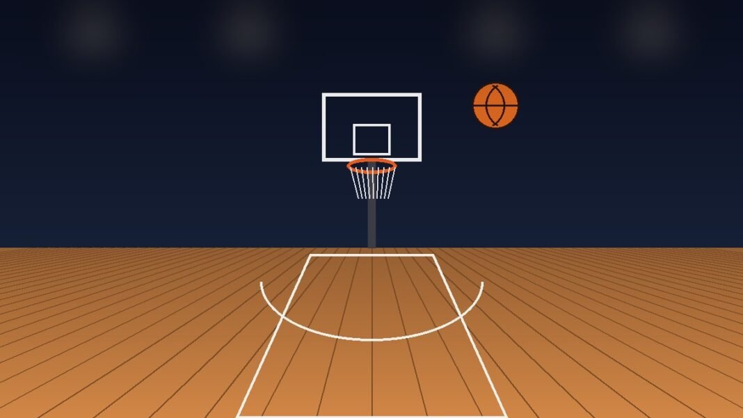 what-happened-to-jayson-tatum Illustration of an empty indoor basketball court with a hoop and a basketball in mid-air under dim arena lights