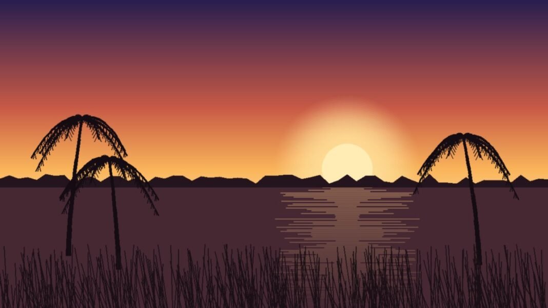 Illustration of a Florida wetland at sunset with palm tree silhouettes and tall marsh grass, evoking John Anderson's song Seminole Wind