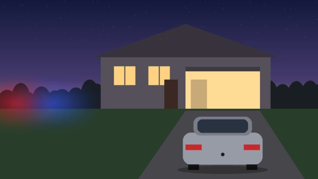 Illustration of a suburban house at night with a lit open garage, a silver car in the driveway and a faint red and blue glow down the street