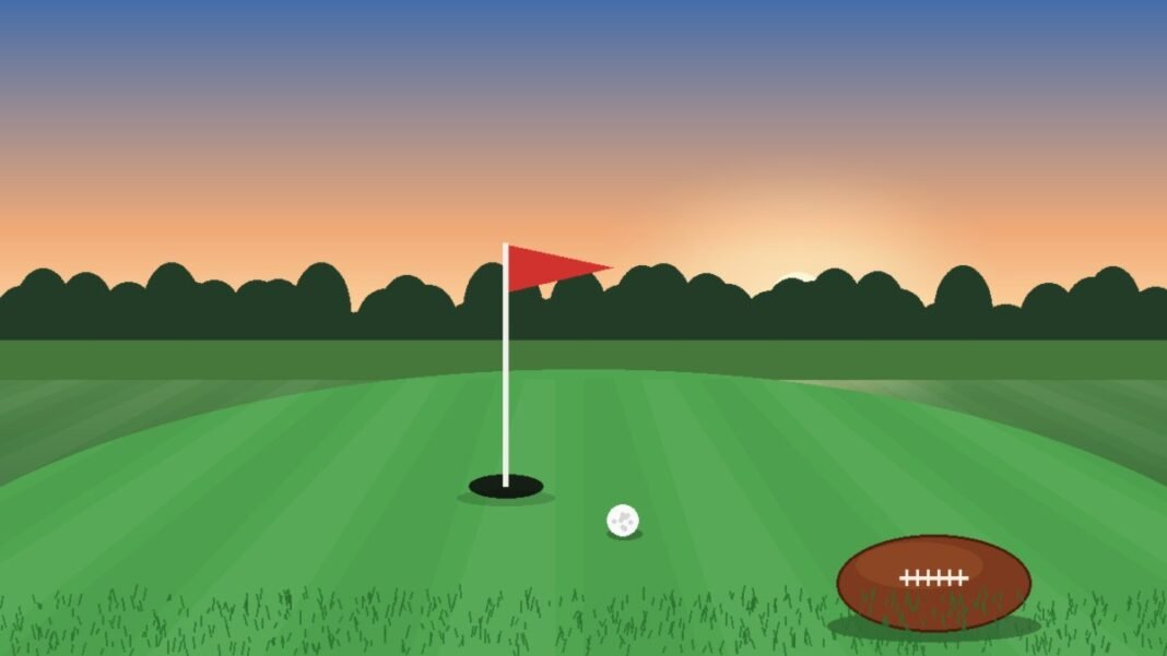 what-happened-to-marshall-faulk Illustration of a golf putting green at sunrise with a red flagstick, a golf ball near the cup and a football resting on the grass
