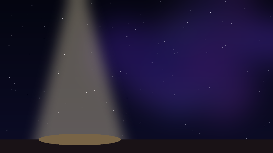 what-happened-to-patrick-stewart Illustration of a single warm stage spotlight shining down on an empty stage beneath a starry purple night sky, marking the death of actor Patrick Stewart