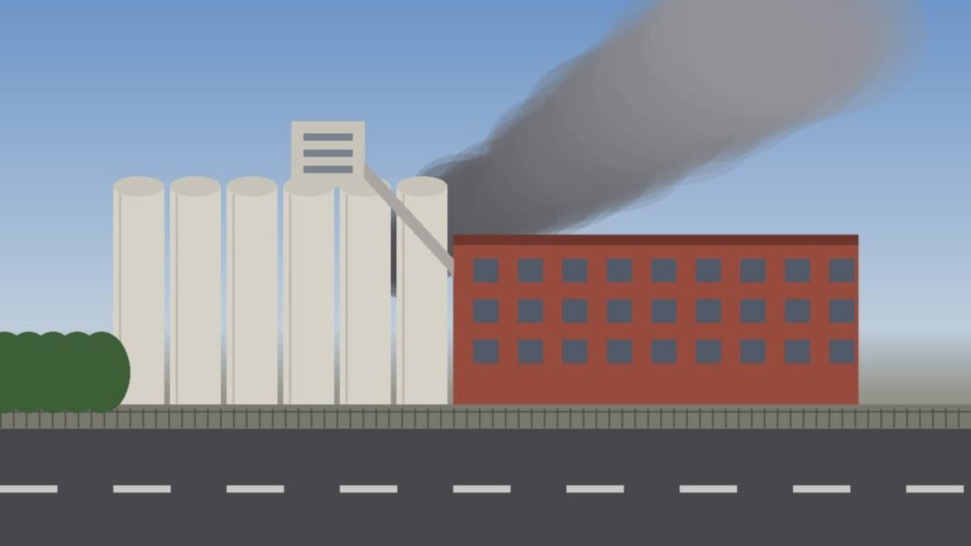 what-happened-to-quaker-oats-plant Illustration of a grain mill with white silos and a red brick factory building as a gray smoke plume drifts across a blue afternoon sky