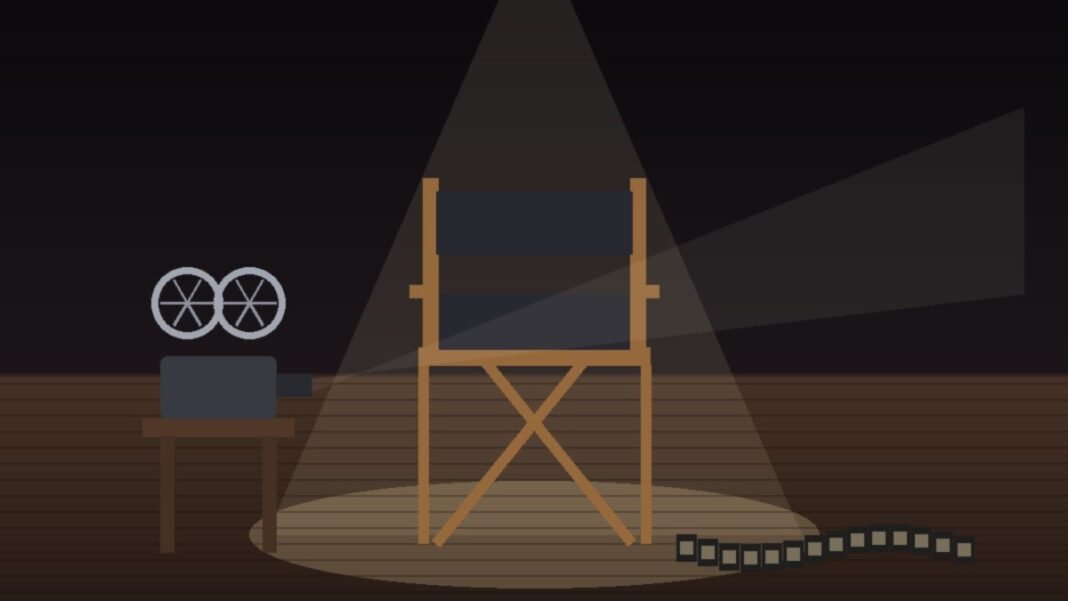what-happened-to-tom-skerritt Illustration of an empty wooden director's chair under a warm spotlight on a dark stage, beside a vintage film projector on a small table and a strip of film on the floor