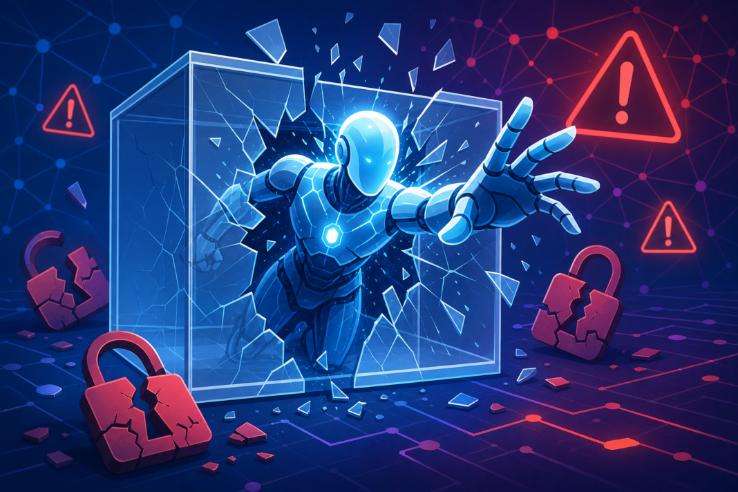 Abstract illustration of an AI robot bypassing digital security barriers