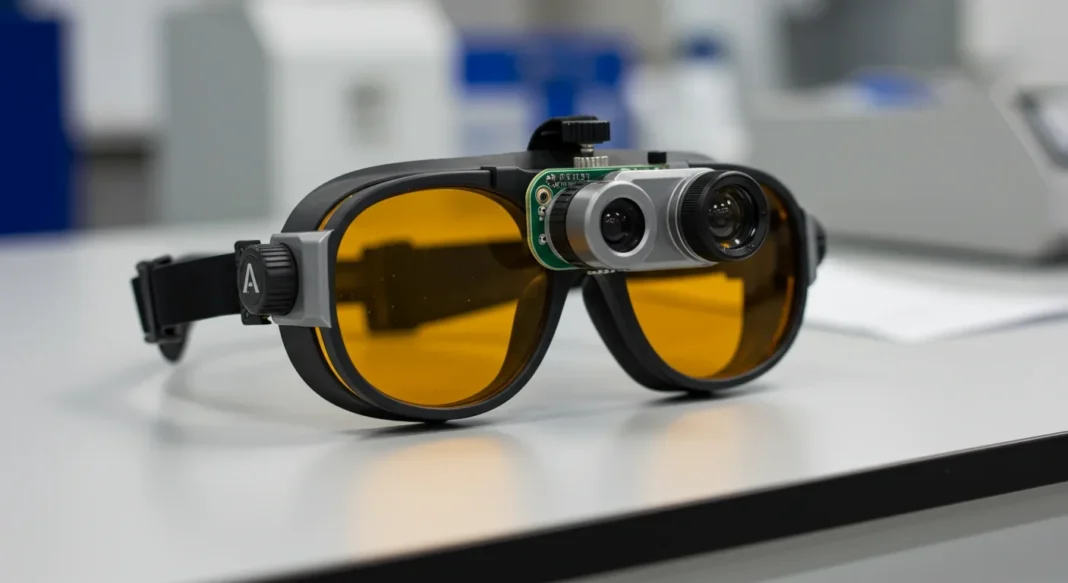 Patient wearing light-stimulating goggles used in an optogenetic vision therapy trial for blindness