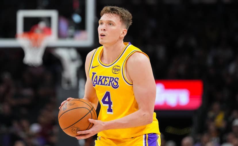 Los Angeles Lakers guard Dalton Knecht shooting during a game in the 2026 season