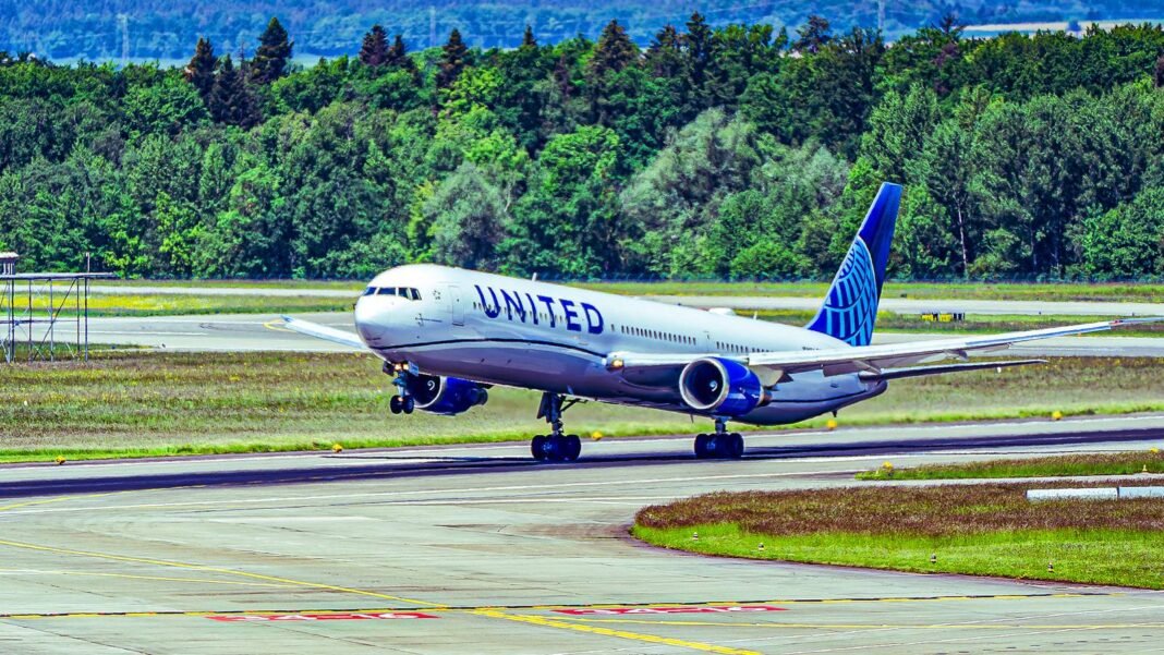 A United Airlines Boeing 767 aircraft on the tarmac at London Heathrow airport